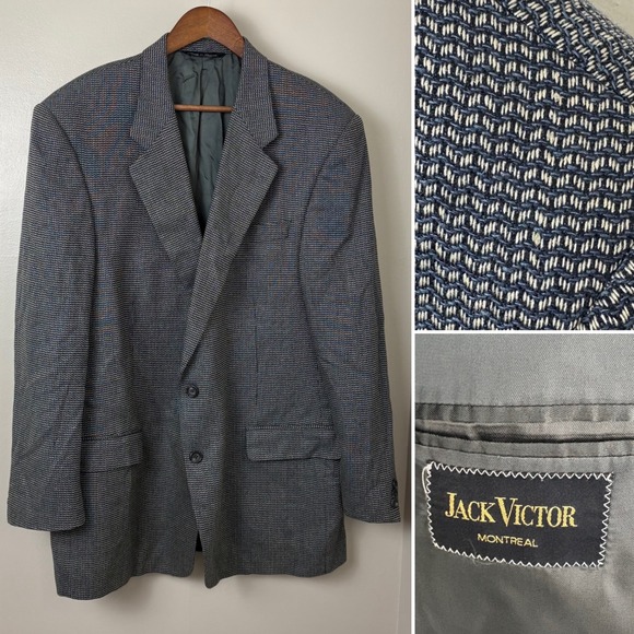 Jack Victor Men 48L Blazer Silk Wool 2B/3B Blue Beige Pattern Vintage Sport Coat